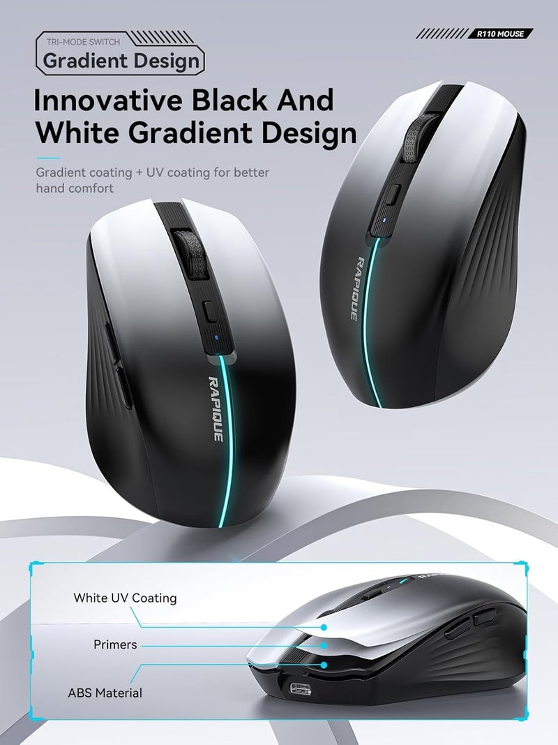 RAPIQUE Bluetooth Wireless Mouse – White to Black Gradient, Dual Bluetooth 5.1 & 2.4G Connectivity, Silent Click, Rechargeable, Ergonomic 6-Button for Windows/MacOS/Android/Laptop/MacBook/iPad - Image 2